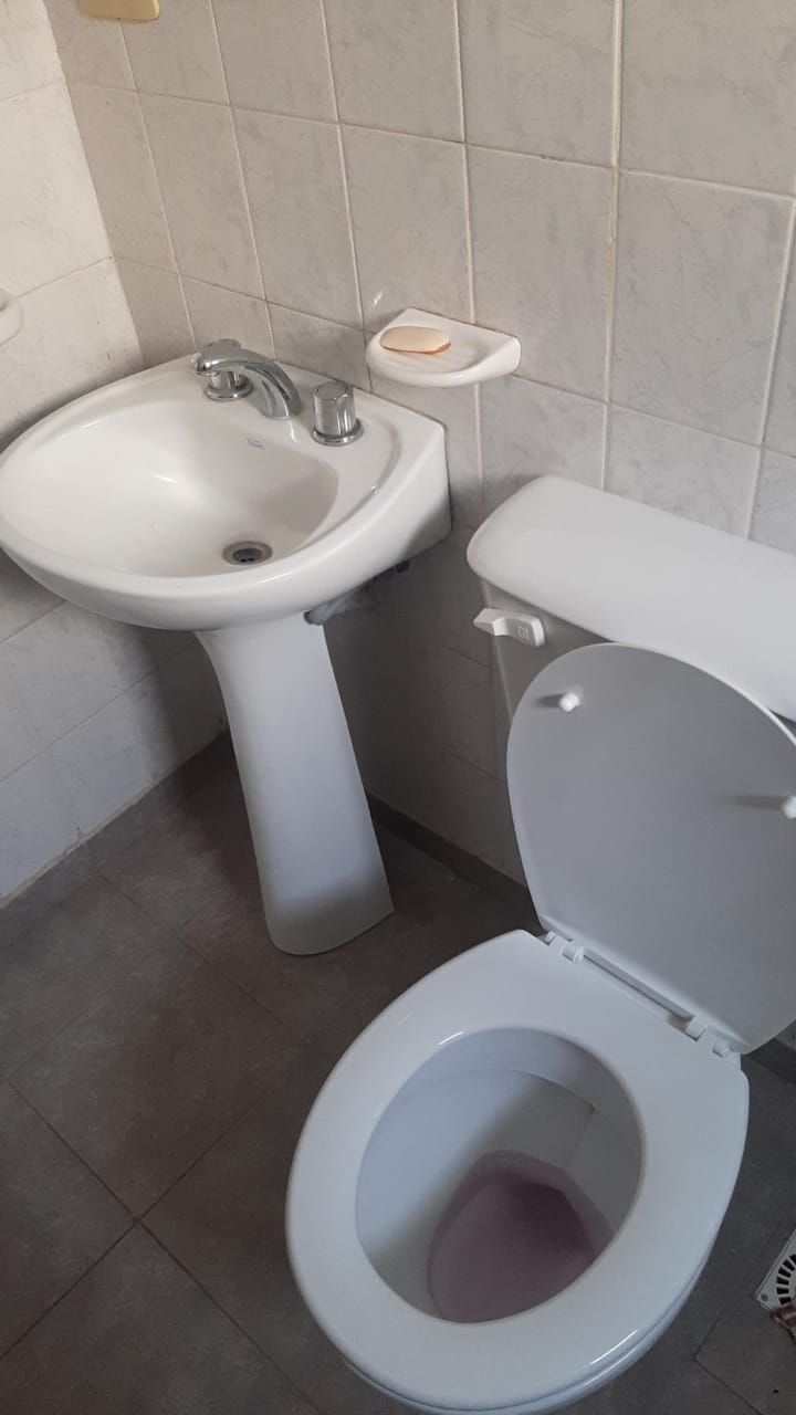 Baño con lavatorio de pie e inodoro.