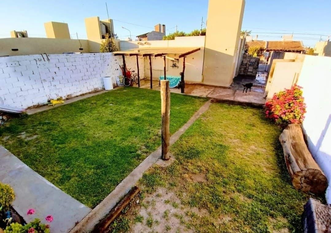 Vista del patio con césped desde la pérgola.